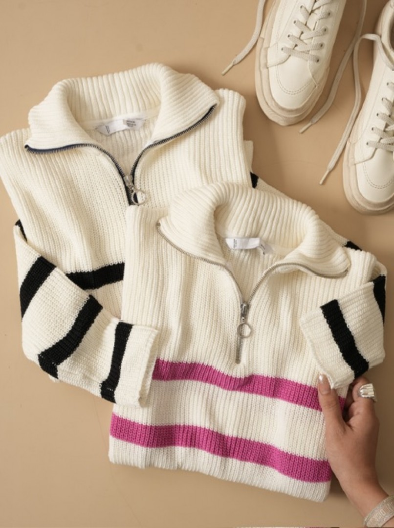 پلیور بافت راه‌راه نیم زیپ کد1106