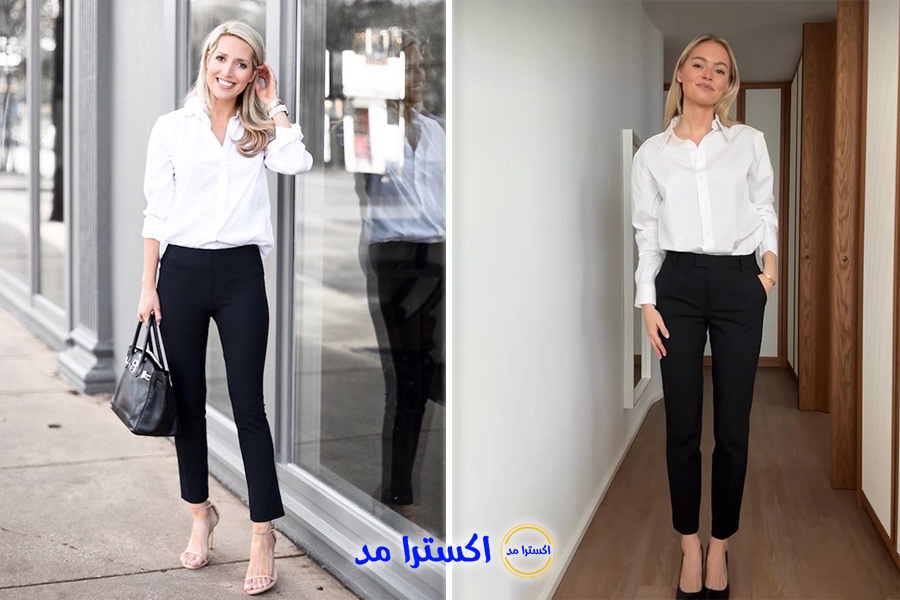 بلوز ساده سفید با شلوار پارچه‌ای مشکی راسته
