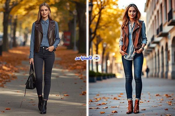 وست چرمی یا جلیقه‌ای با شومیز ساده و بوت مچی