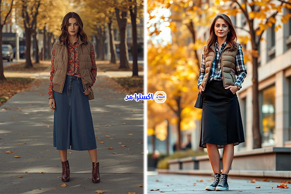 وست کوتاه با شومیز طرح‌دار و دامن یا شلوار جین