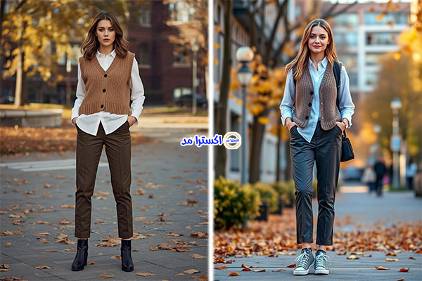 وست بافتی با شومیز یقهدار و شلوار پارچهای