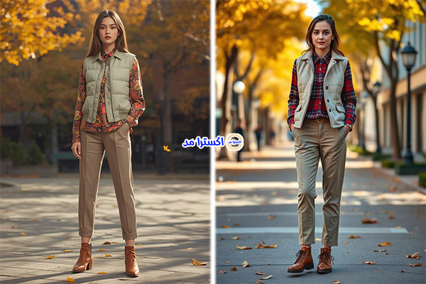 وست روشن + شومیز رنگی + شلوار پارچه‌ای