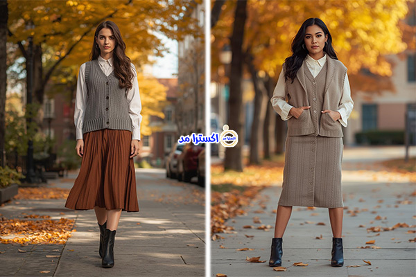 وست بافت + شومیز اسپرت + دامن میدی