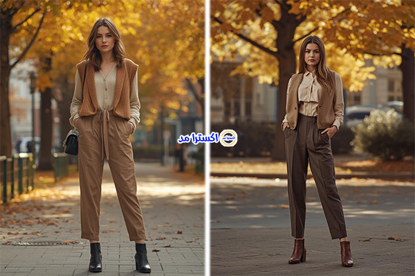 وست کوتاه + شومیز یقه باز + شلوار راسته بلند