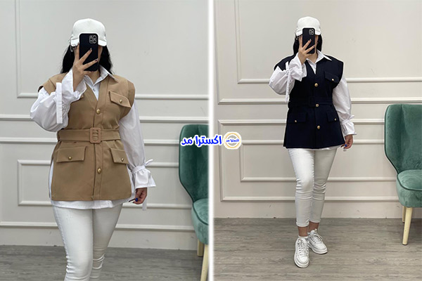 وست تکرنگ + شومیز یقهدار سفید