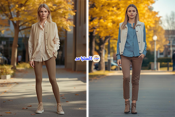 وست تک‌رنگ روشن با شومیز رنگی و لگ یا شلوار راحتی