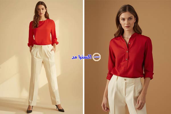 بلوز نخی قرمز با شلوار کرم راسته