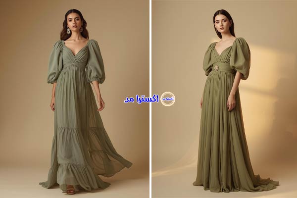 پیراهن بلند سبز یشمی با آستین پفی