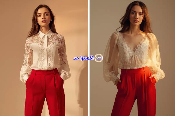 شومیز گیپوری سفید با شلوار پارچهای قرمز