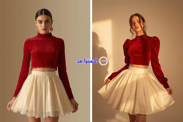 بلوز کوتاه مخمل قرمز با دامن پفدار کرمی