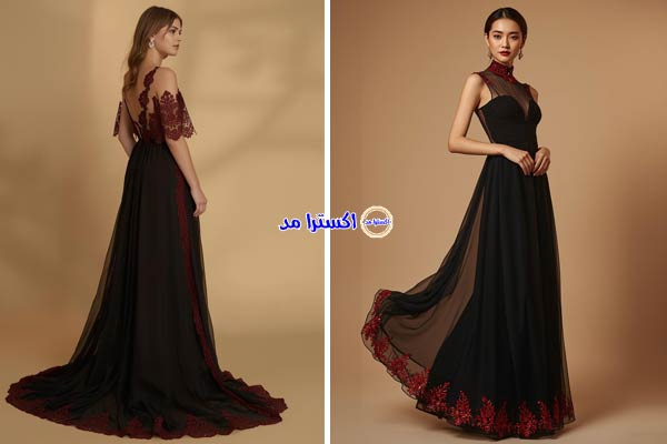 پیراهن بلند حریر مشکی با جزئیات قرمز