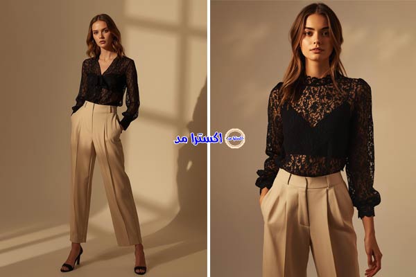 بلوز توری مشکی با شلوار پارچه‌ای بژ