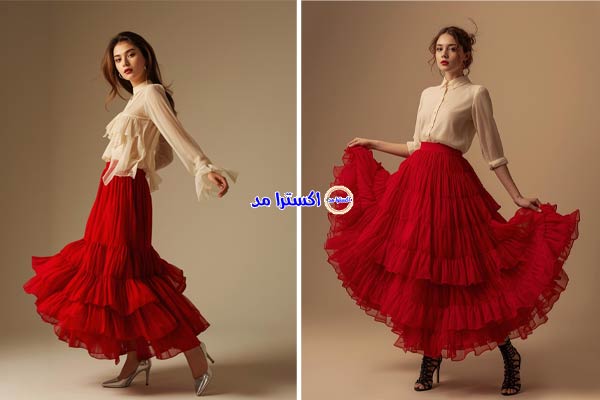 شومیز حریر کرم با دامن چین‌دار قرمز