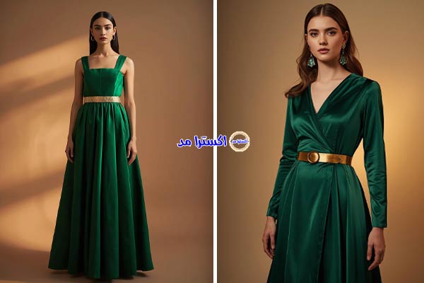 سارافون سبز زمردی با کمربند طلایی