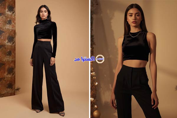 کراپ‌تاپ مخمل مشکی با شلوار فاق‌بلند