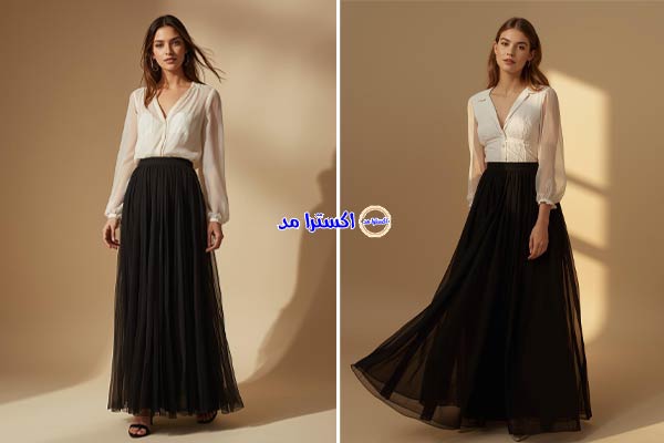 بلوز حریر سفید با دامن بلند مشکی