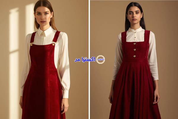 شومیز سفید با سارافون قرمز تیره بهترین استایل یلدا دخترانه