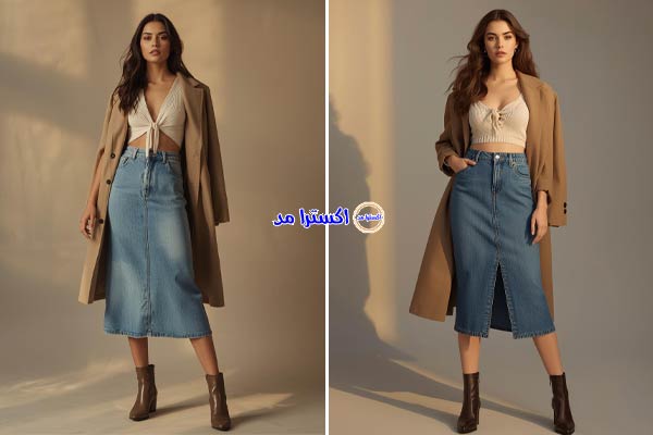 بلوز بافتنی جلو گره‌ای + دامن جین میدی