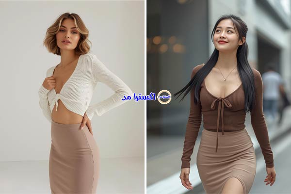 بلوز بافت جلو گره‌ای با دامن میدی جذب بژ