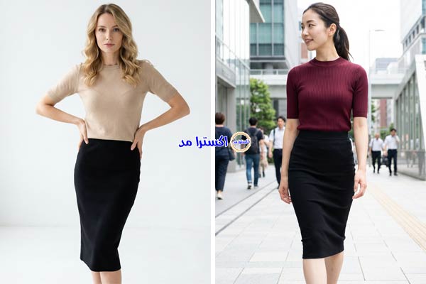 بلوز بافت آستین کوتاه فیت با دامن میدی جذب مشکی