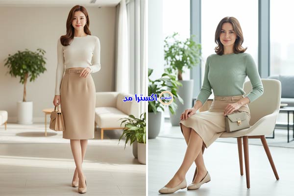 بلوز کراپ با آستین بلند با دامن راسته بژ