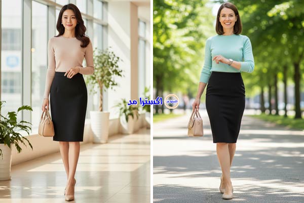 بلوز بافت ریز فیت با دامن راسته مشکی