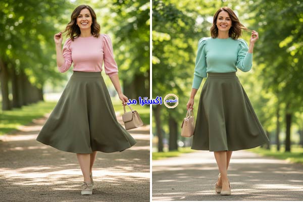 بلوز بافت آستین پفی با دامن فون سبز زیتونی