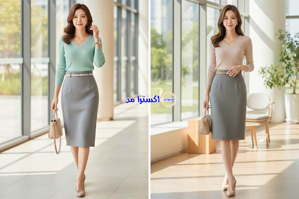 بلوز یقه هفت آستین بلند با دامن مدادی خاکستری