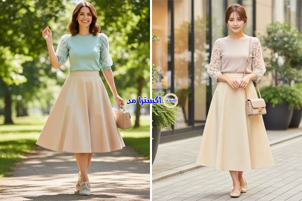 بلوز بافت آستین توری با دامن کتان کلوش