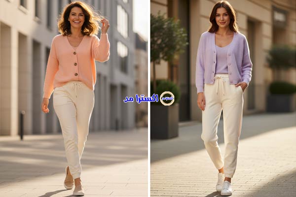 بلوز بافت جلو دکمه + شلوار اسلش کرم