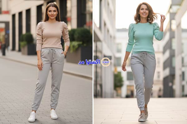 بلوز بافت آستین چین دار + شلوار اسلش طوسی