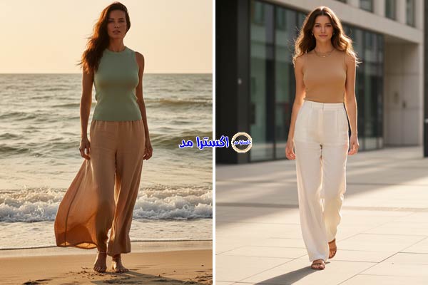 تاپ بافت فیت ریزبافت + شلوار بگ لنین