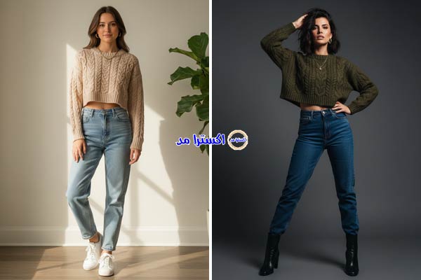 بلوز بافت کراپ و شلوار مام استایل